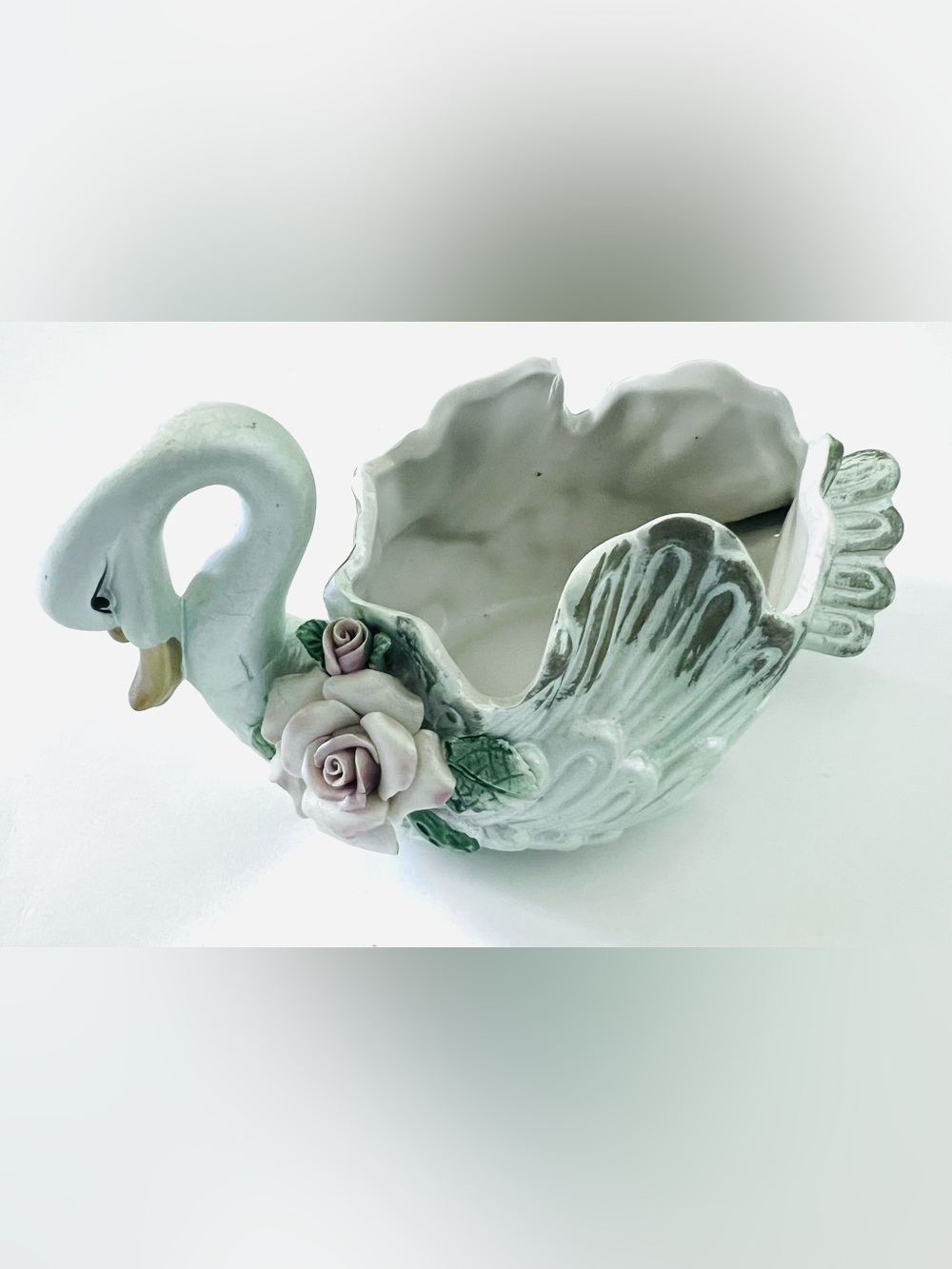 Vintage Ceramic Swan Planter Pink Roses White Floral Vase Cottagecore Decor
